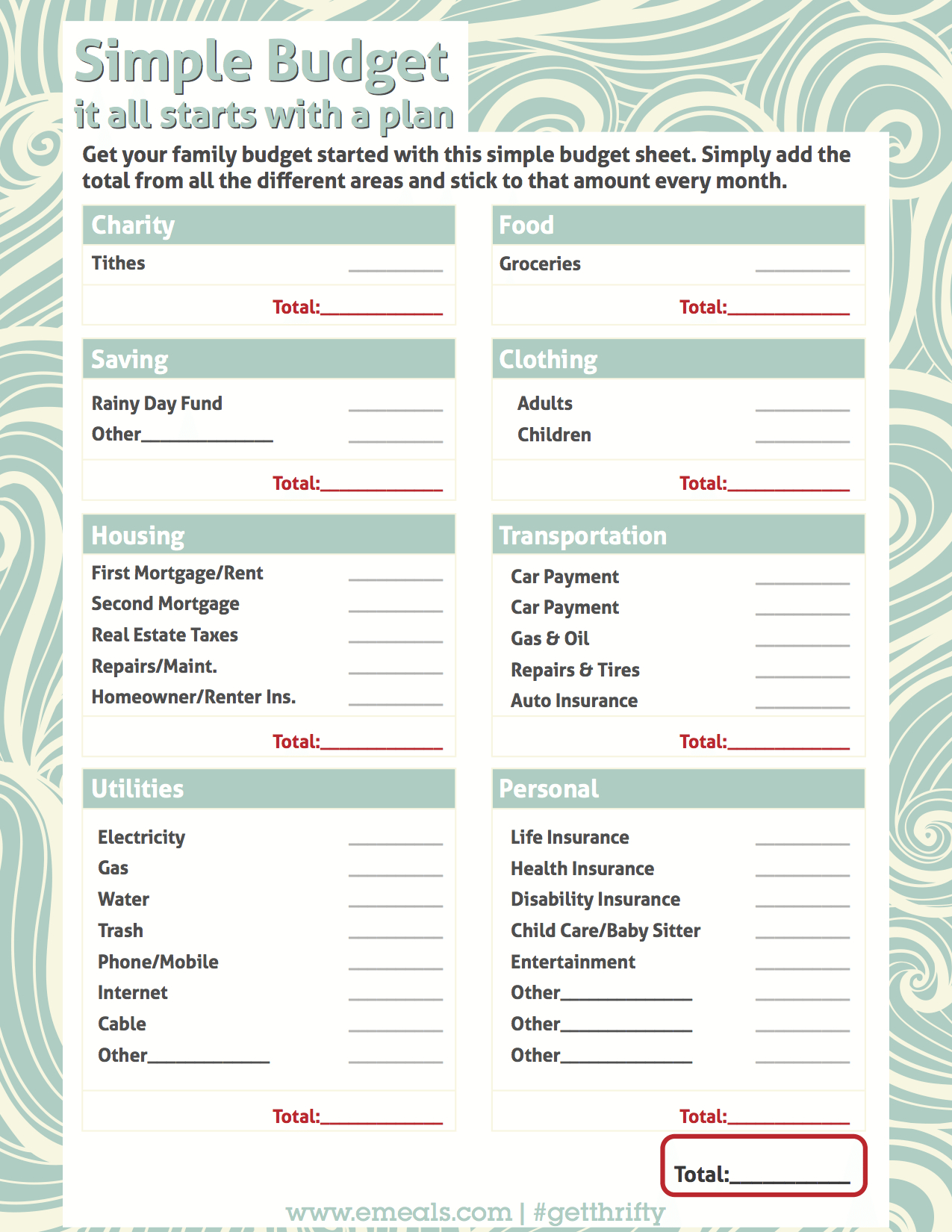 printable simple budget template