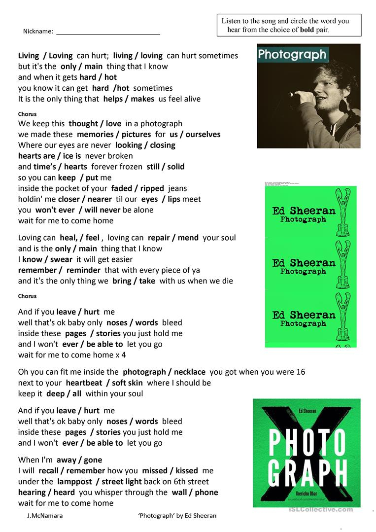 Song &amp;quot;photograph&amp;quot;ed Sheeran Worksheet - Free Esl Printable | Printable Photography Worksheets