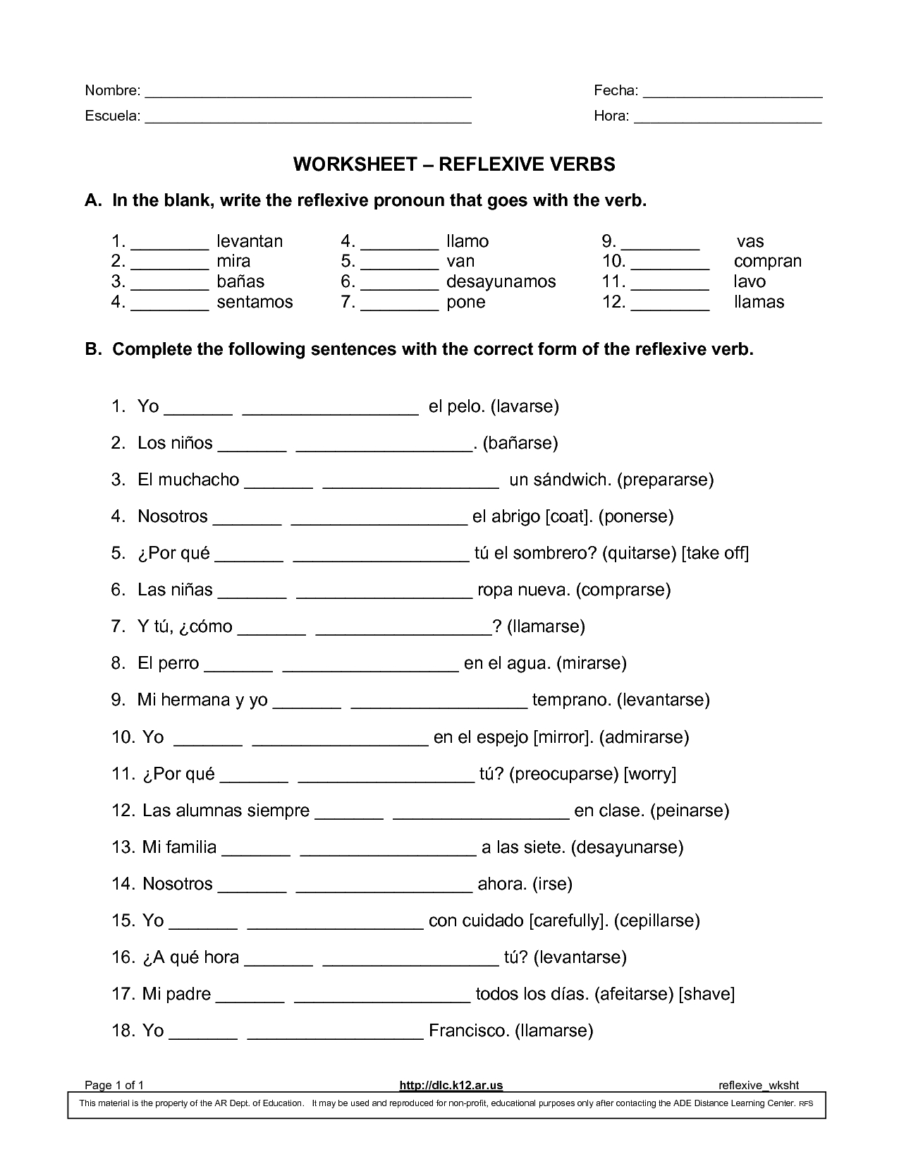 Spanish Reflexive Verbs Worksheet | El Español | Verb Worksheets | Spanish Reflexive Verbs Worksheet Printable