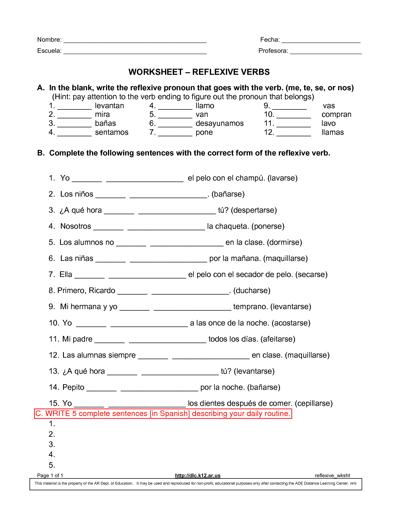 Spanish Reflexive Verbs Worksheet Printable Printable Worksheets