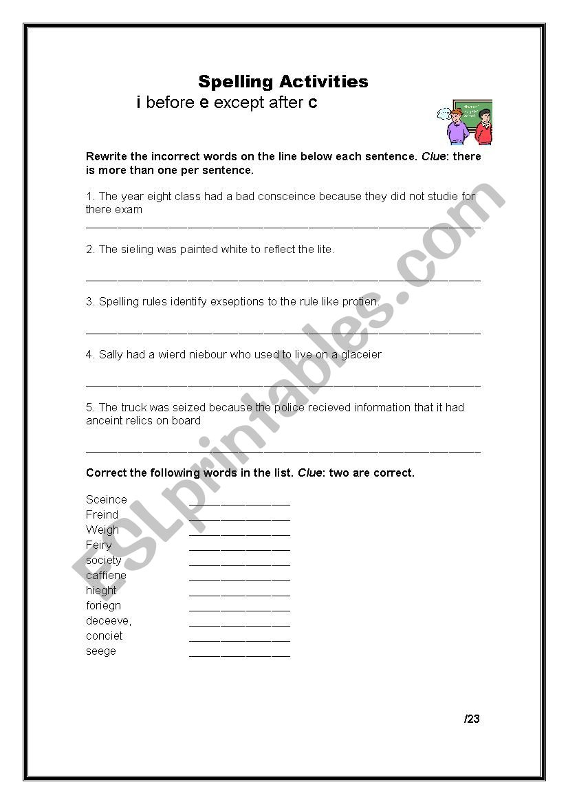 Spelling Rules- I Before E Except After C - Esl Worksheetaday85 | I Before E Except After C Printable Worksheets