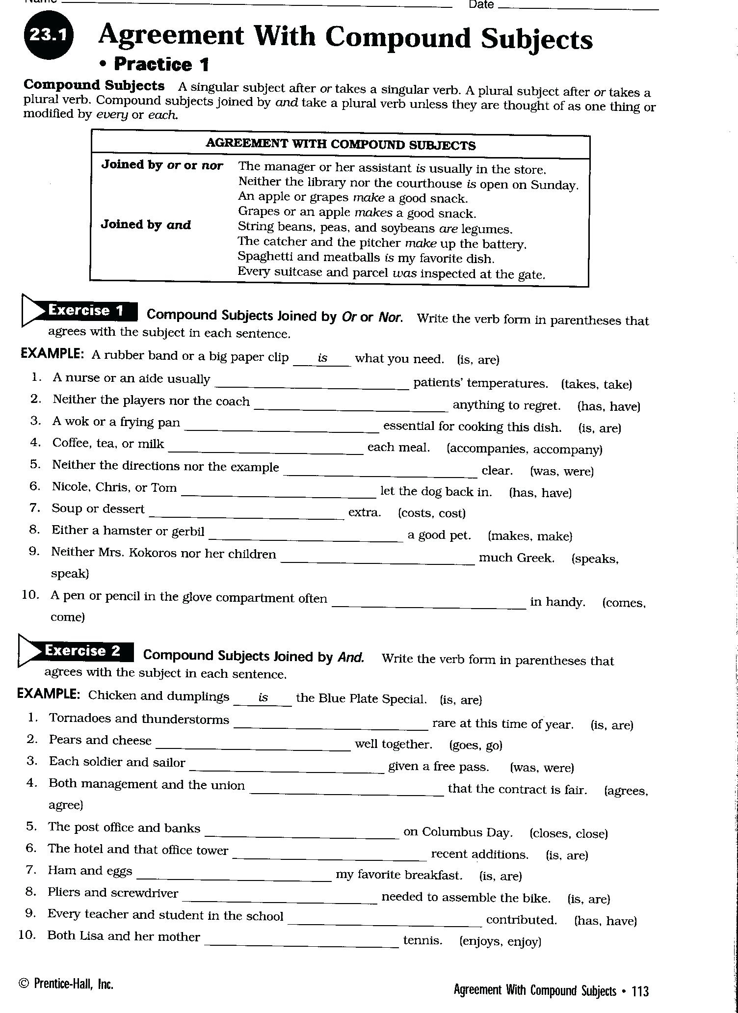 Subject Verb Agreement Printable Worksheets High School Printable 