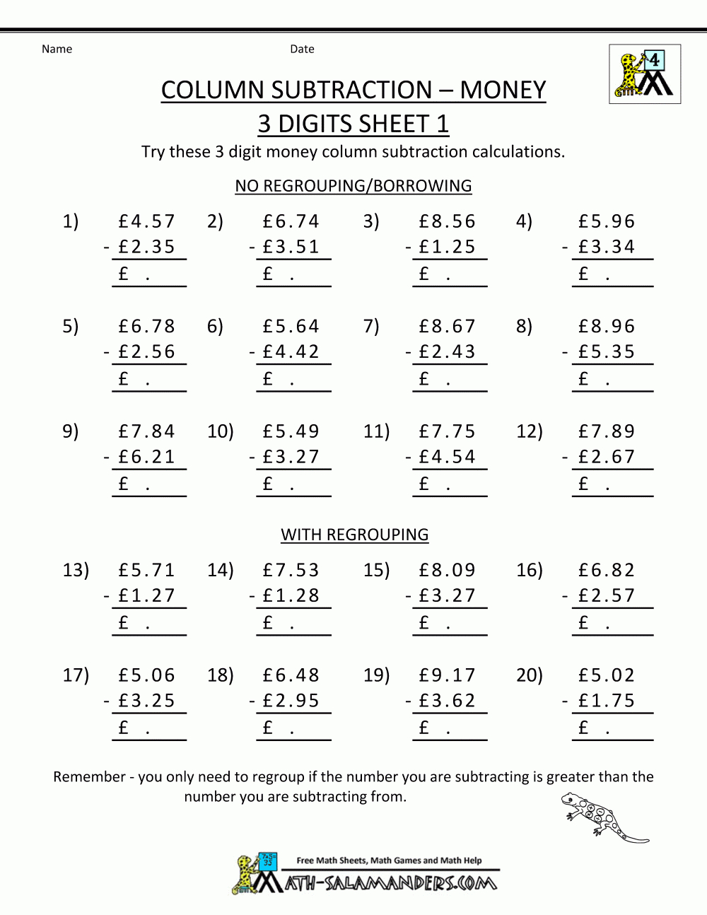 Subtracting Money Worksheets Uk Money | Printable Maths Worksheets Uk