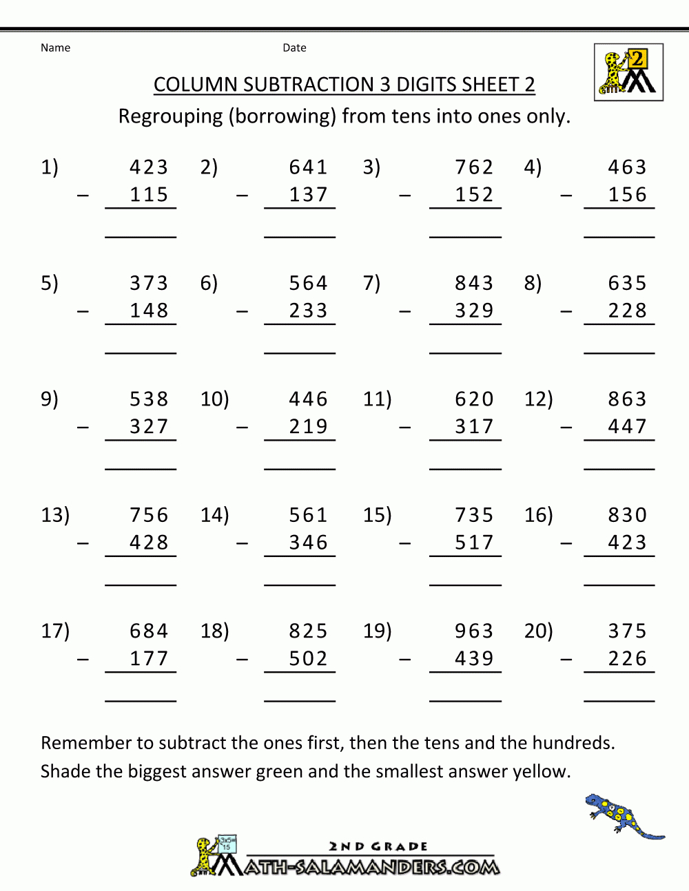 Third Grade Subtraction Worksheets Free Printable