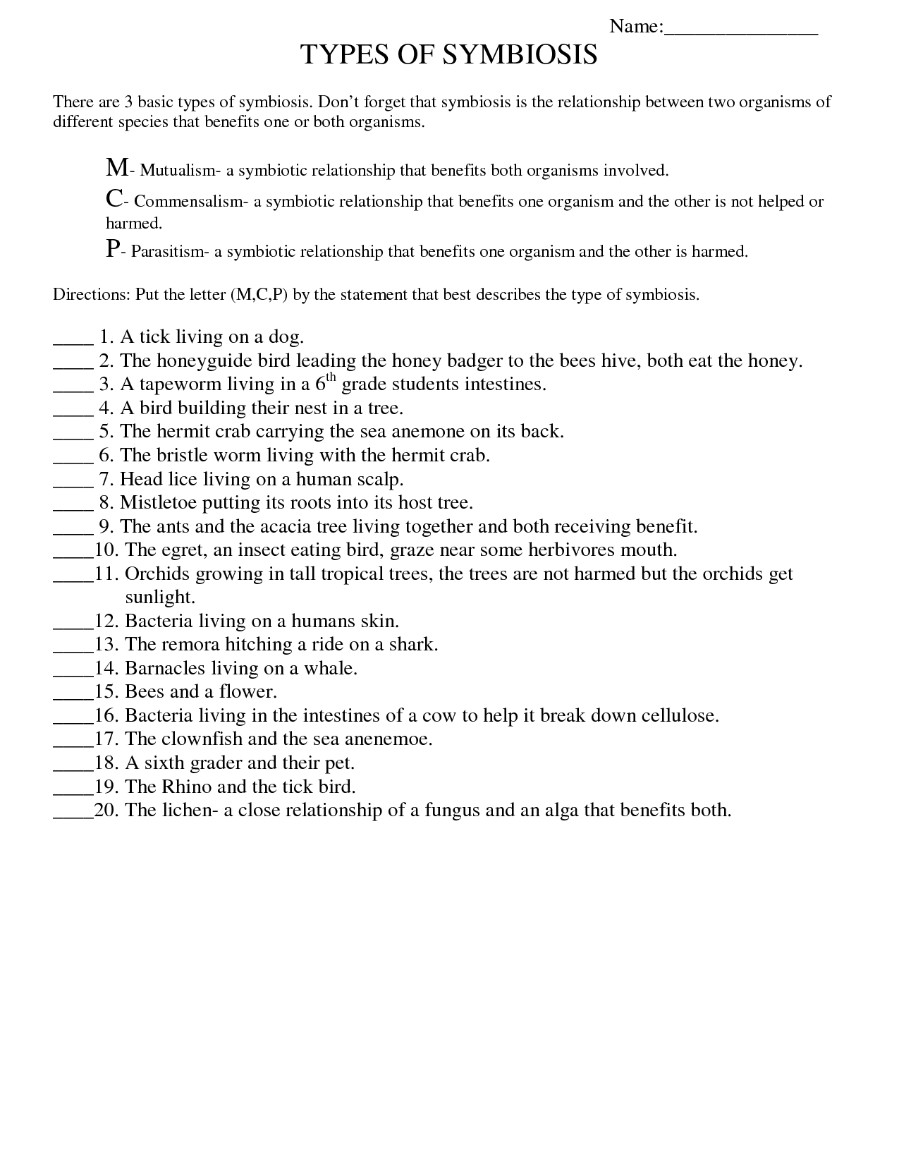 Symbiosis Worksheet: Free Printable Worksheets On High School Bio | Free Printable High School Science Worksheets