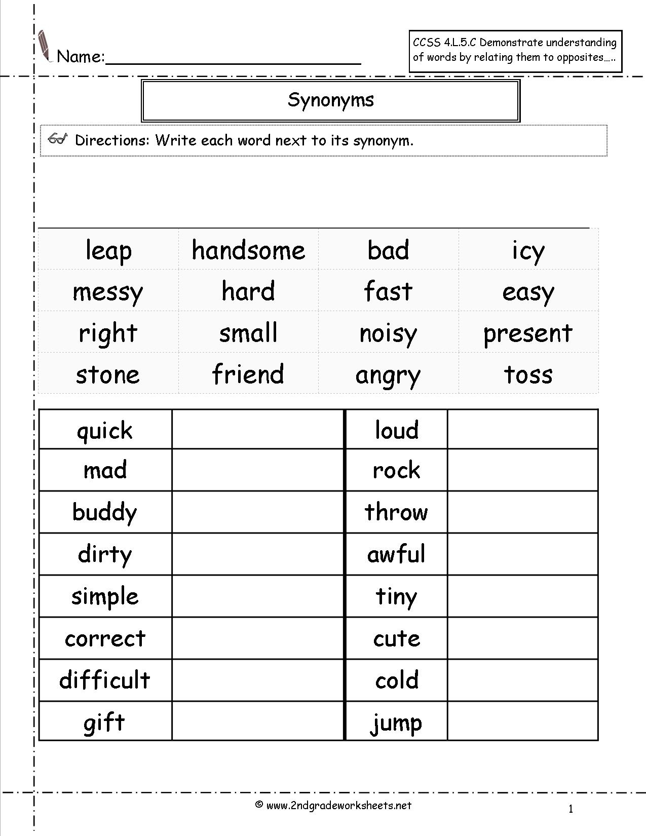 English Grammar Worksheets Synonyms