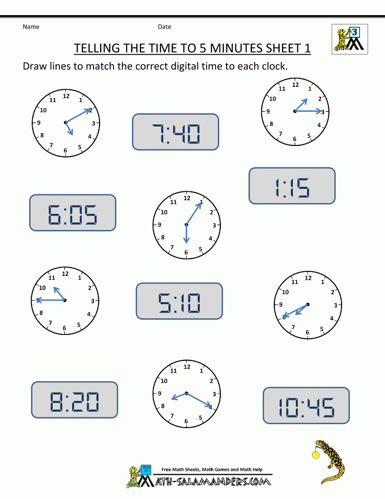 Telling Time Clock Worksheets To 5 Minutes | Free Printable Elapsed Time Worksheets For Grade 3