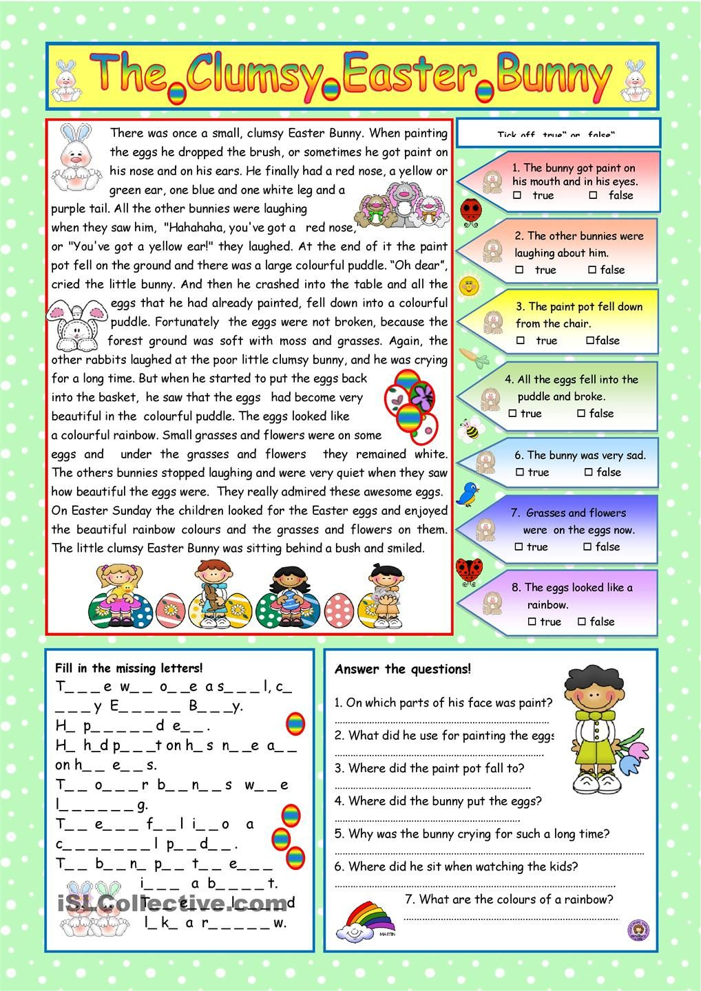 The Clumsy Easter Bunny (Key Included) | Easter | Comprehension | Free Printable Easter Reading Comprehension Worksheets