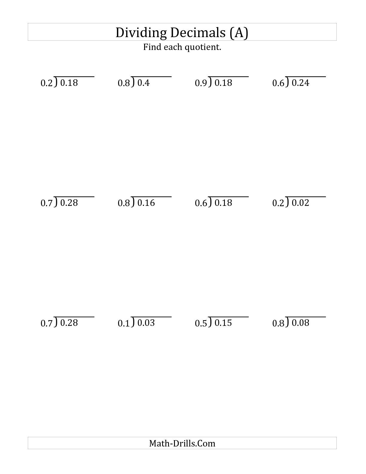The Dividing Decimals1-Digit Tenths (A) Math Worksheet From The | Printable Decimal Division Worksheets