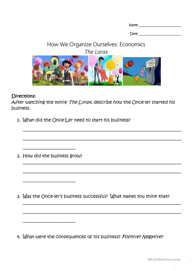 The Lorax - Economic Study Worksheet - Free Esl Printable Worksheets | Free Printable Economics Worksheets