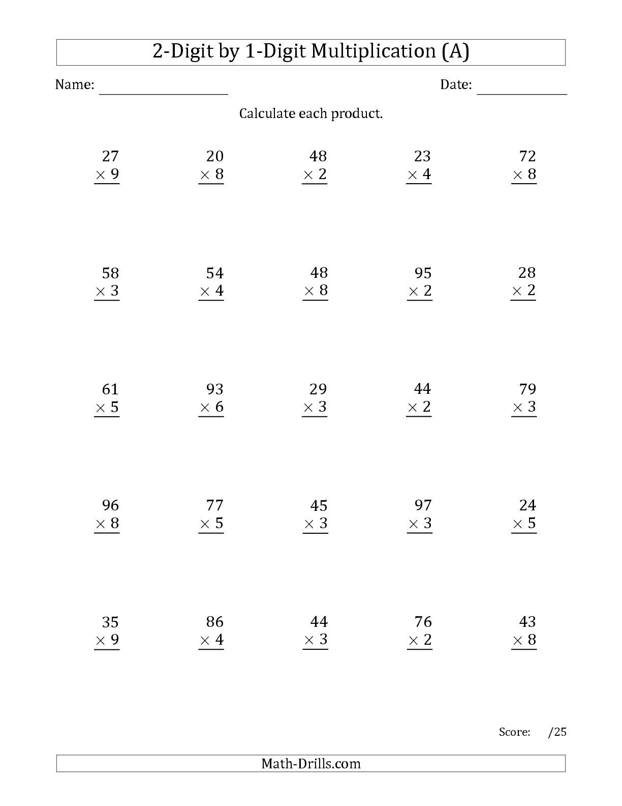 The Multiplying 2-Digit1-Digit Numbers (A) Math Worksheet From | Free Printable Double Digit Multiplication Worksheets