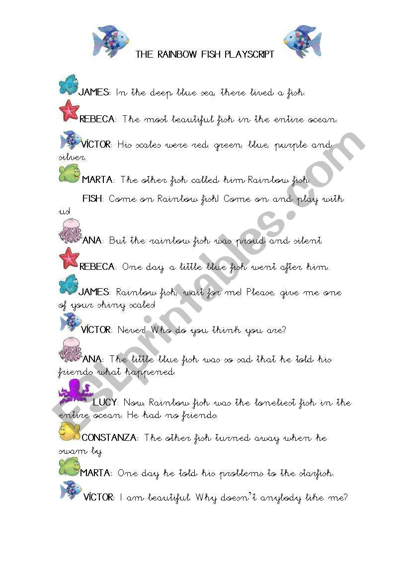 The Rainbow Fish Playscript! - Esl Worksheeta.l.i.c.e. | Rainbow Fish Printable Worksheets