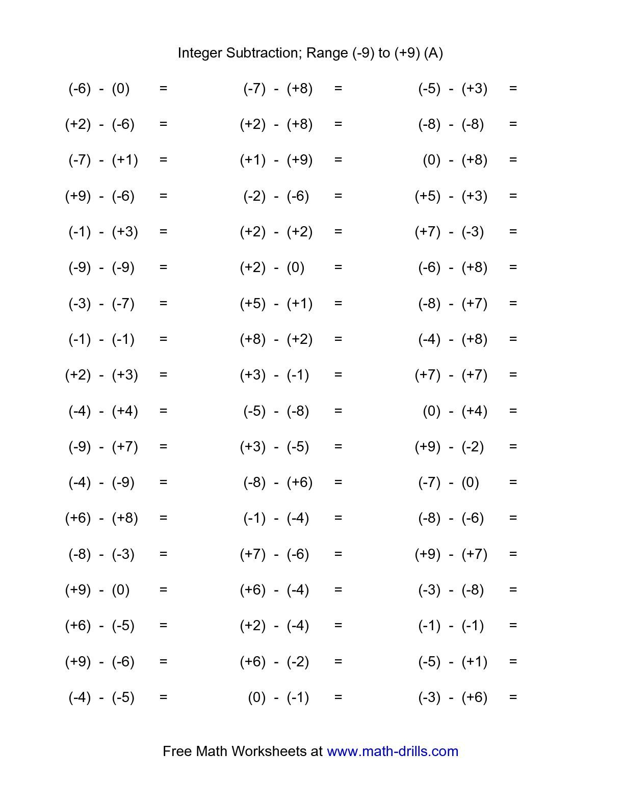 The Subtracting Integers (Range -9 To 9) (A) Integers Worksheet | Free Printable Integer Worksheets