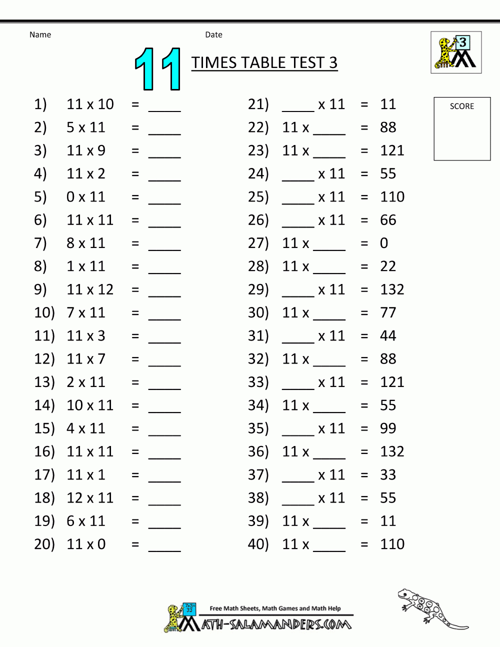Times Table Worksheets 11 Times Table Test 3 | Dean&amp;#039;s Worksheets | Free Printable Time Worksheets For Grade 3