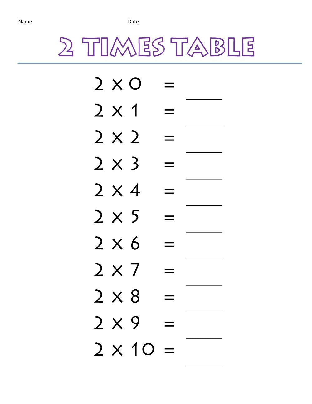 multiplication 2 time tables worksheet