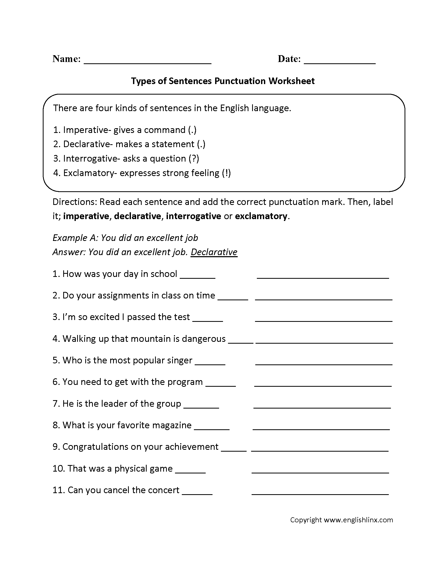 Types Of Sentences With Punctuation Worksheet | Englishlinx | Free Printable Types Of Sentences Worksheets