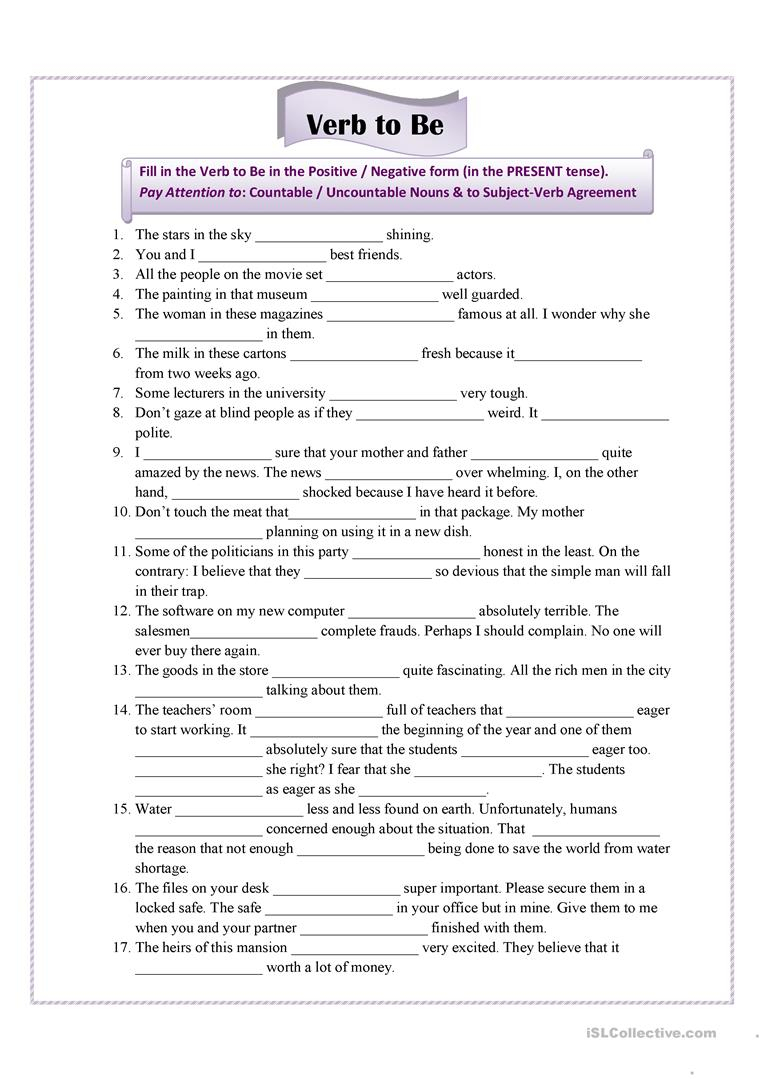 Verb To Be For Advanced Students Worksheet - Free Esl Printable | Subject Verb Agreement Printable Worksheets High School
