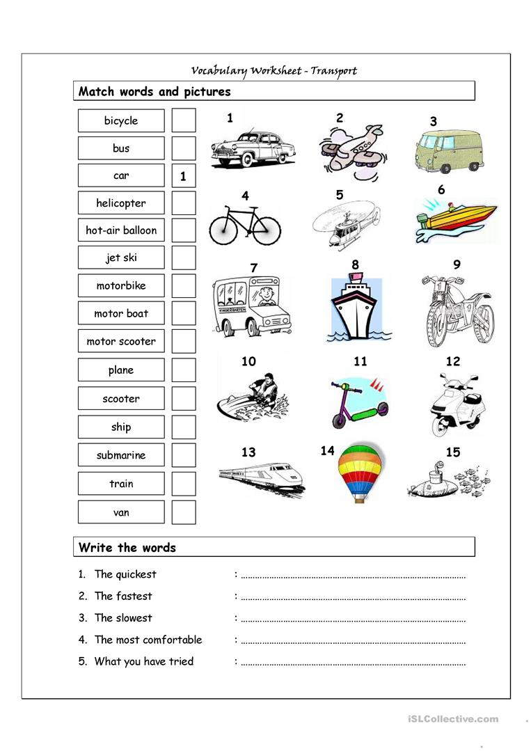 Vocabulary Matching Worksheet - Transport Worksheet - Free Esl | Free Printable Transportation Worksheets For Kids