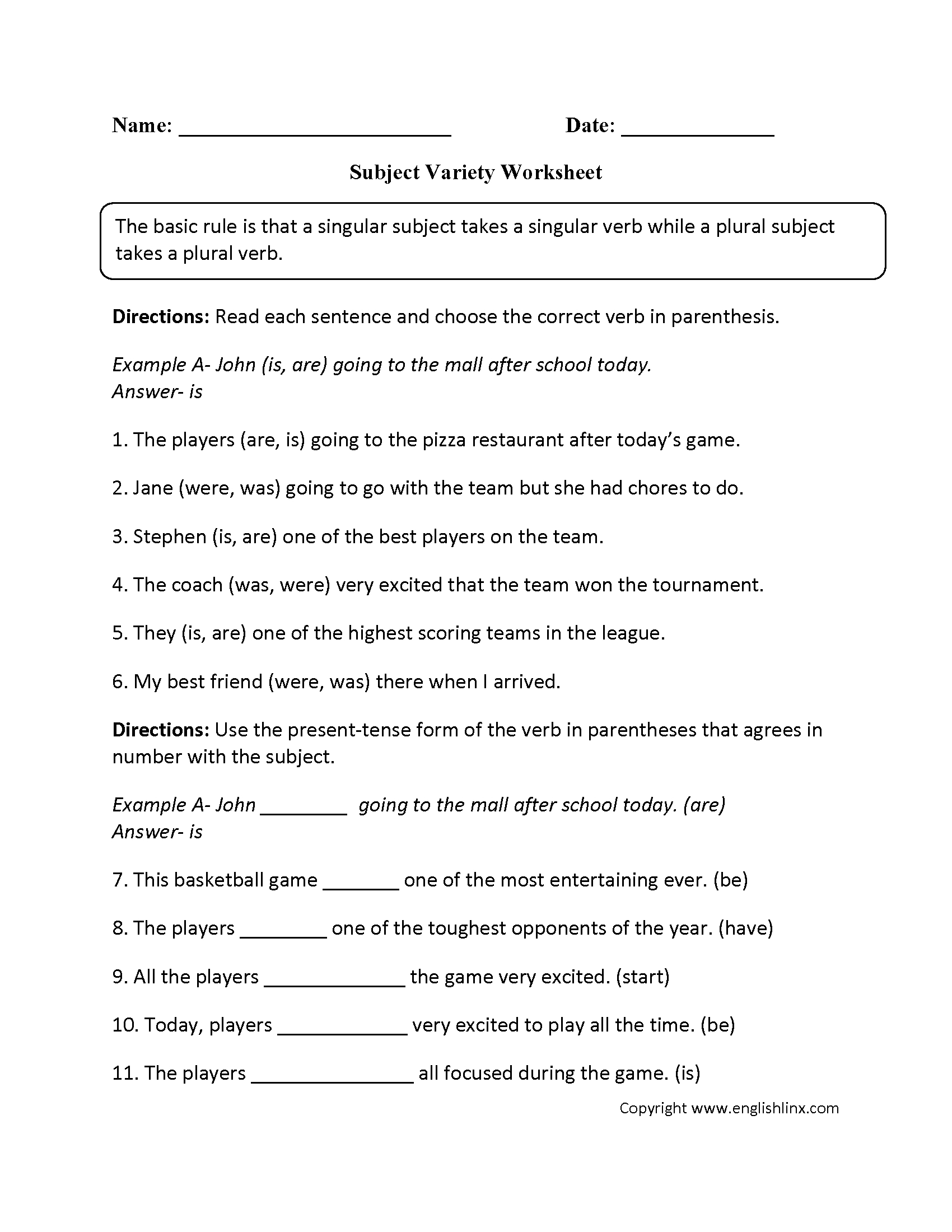 Word Usage Worksheets | Subject Verb Agreement Worksheets | Free Printable Subject Verb Agreement Worksheets