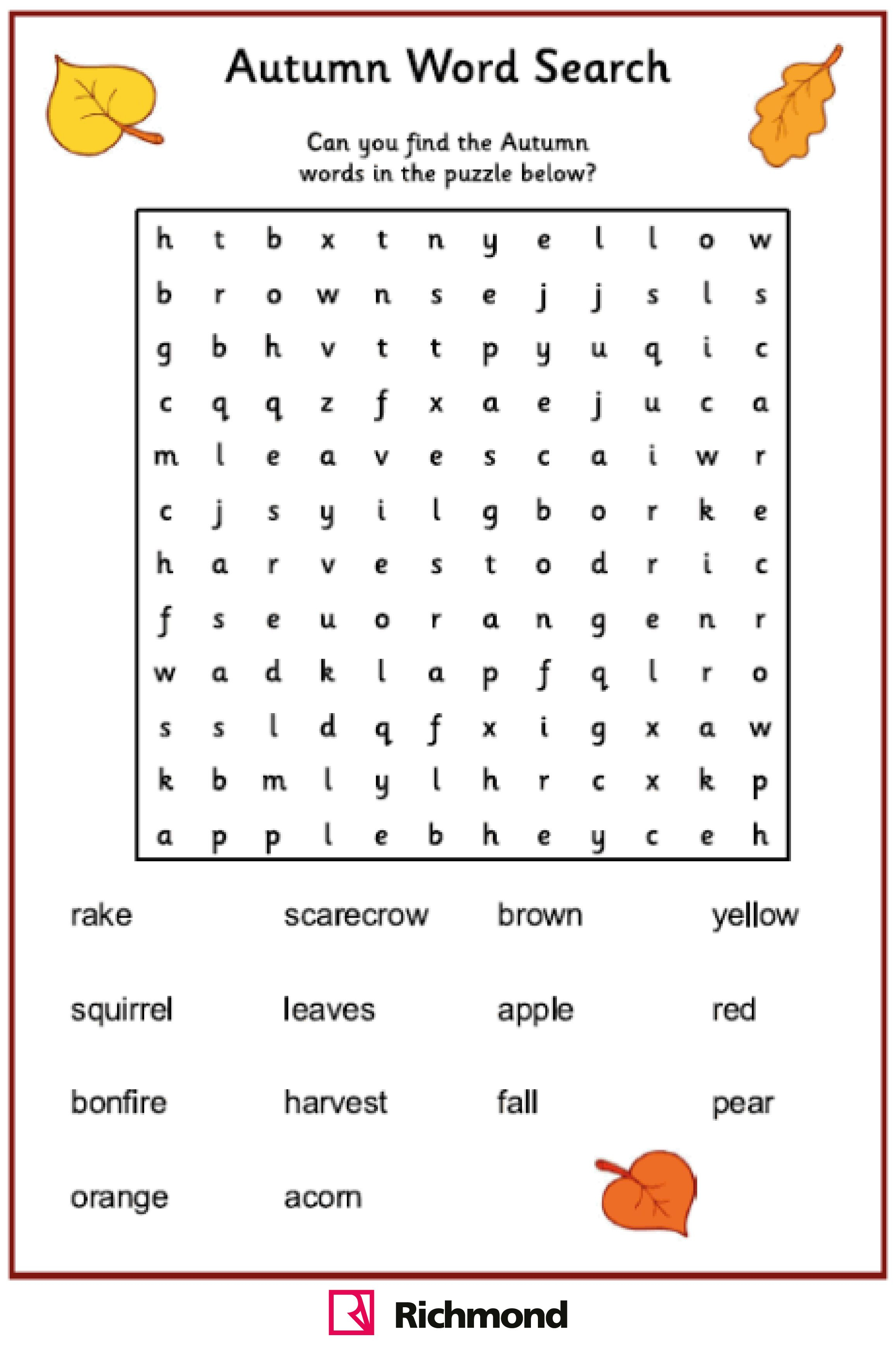 Wordsearch - Autumn Puzzle! | Activities! | Aprender Inglés | Fall Word Search Printable Worksheets