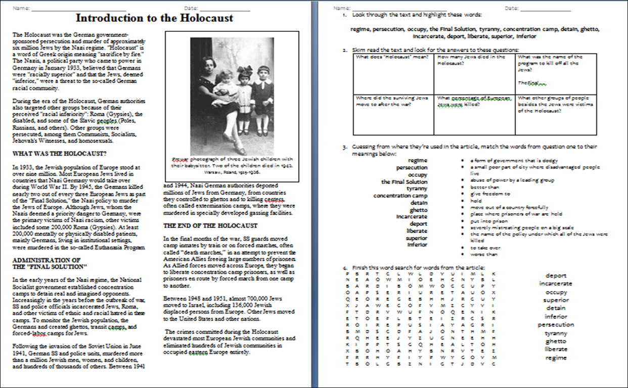 Worksheet: Introduction To The Holocaust – Duffy Stirling&amp;#039;s Teaching | Holocaust Printable Worksheets