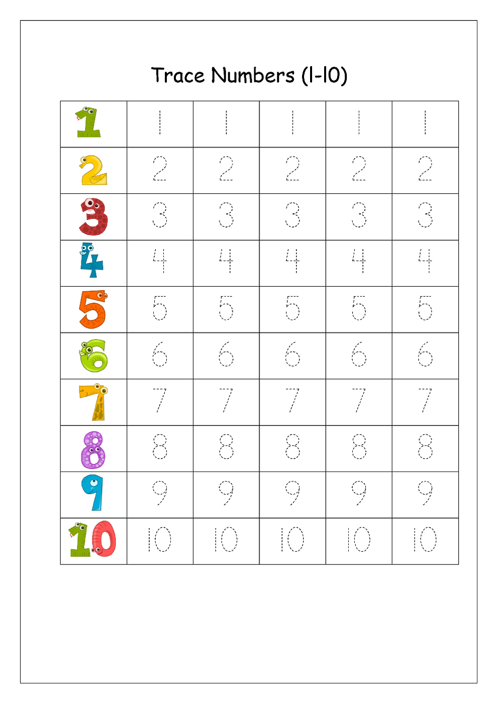 Kindergarten Number Tracing Worksheets